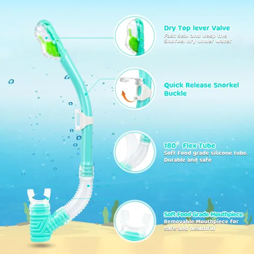 Vista 3 de Snorkel seco para niños, tubo de esnórquel definitivo para esnórquel, apnea y natación, tecnología de respiración fácil, válvula seca montada