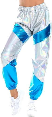 Vista 4 de IDOPIP Pantalones deportivos metálicos brillantes para mujer con bloques de color holográficos cintura alta reflectantes para Halloween disfraz sexy