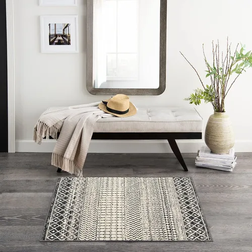 Vista 7 de Alfombra marroquí de área de 2x3 pies, color negro desgastado, alfombra de entrada antideslizante pequeña, suave, de pelo bajo, lavable, tapete