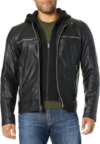 Vista 3 de GUESS Chaqueta de moto con capucha de piel sintética para hombre