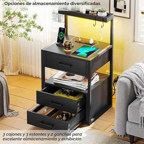 Vista 4 de Mesita de noche con estación de carga y luces LED, mesita de noche LED con 2 puertos USB y 2 salidas de CA, mesa auxiliar moderna con 3 cajones Negro