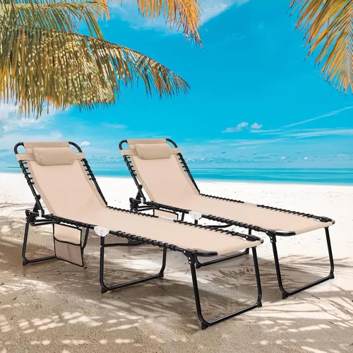 Vista 2 de Goplus Tumbona para exteriores, silla plegable de 5 posiciones para playa, con almohada desmontable, bolsillo lateral, tumbona para tomar el sol