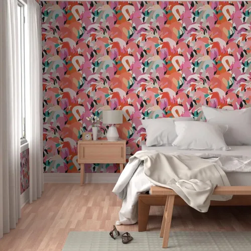 Vista 5 de Spoonflower Despegar y pegar muestra de papel tapiz - Naranja Rosa Grande Flamenco Pájaro Plumas Tropical Florida Coastal Collage Ilustración Casa
