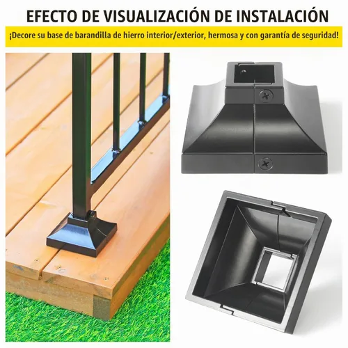Vista 4 de 1 pieza Base de poste de cubierta de 2,5 cm de aluminio, falda de poste, pasamanos, escalera, base de barandilla de terraza y porche (negro)