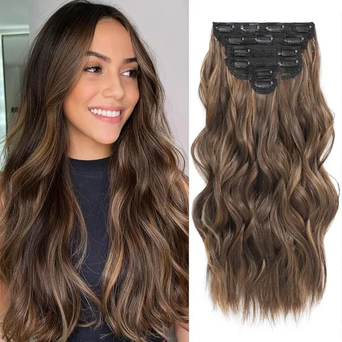 Vista 17 de Fliace Extensiones de cabello con clip para mujer, extensiones de cabello ondulado largo de color marrón medio, extensiones de cabello sintético