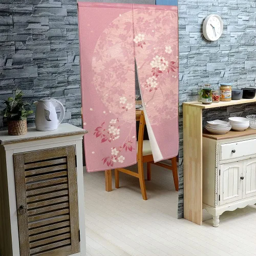 Vista 4 de Leowefowa Noren - Cortina de puerta de estilo japonés, estampado de flores rosadas, luna, cortina de puerta, tratamiento de ventana, tapiz