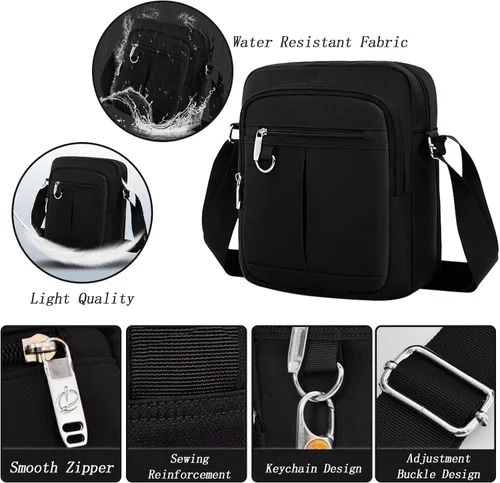 Vista 4 de Lizbin Bolsa tipo mensajero para hombre, pequeña bolsa cruzada casual negra, bolso cruzado para hombre y mujer, bolsa de hombro tipo mensajero