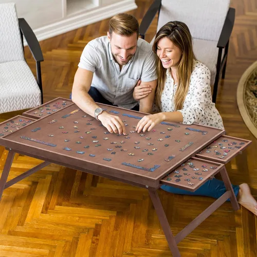 Vista 5 de TEAKMAMA - Mesa de rompecabezas de 1500 piezas con 4 cajones para adultos, color marrón Rompecabezas de madera plegable con patas, con cubierta