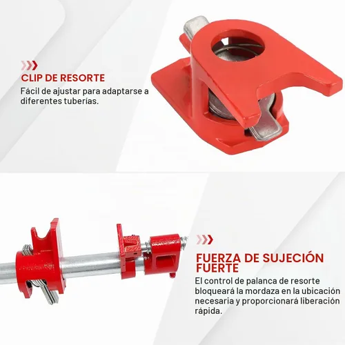 Vista 4 de Juego de abrazaderas para tuberías de madera de 3/4" con diseño de pie único rojo. Abrazaderas de barra resistentes de hierro fundido de liberación