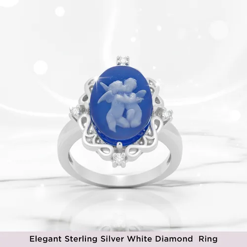 Vista 7 de Jewelili Anillo de plata de ley para mujer, camafeo de ágata rosa o azul y zafiro redondo blanco creado, joyería de lujo, caja de regalo incluida