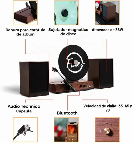 Vista 8 de Reproductor de discos de vinilo vertical Fuse GLD con altavoces Moldura negra Bluetooth 5.3, AUX Altavoces externos de gama completa