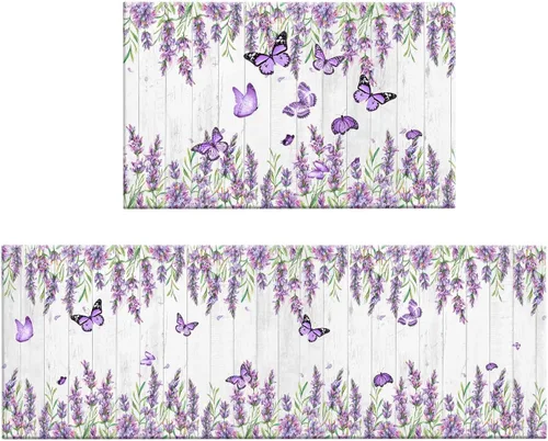 Vista 8 de LB Tapetes de cocina florales azules para cojines de piso, tapete de cocina antifatiga, diseño de flores silvestres sobre beige, juego de 2