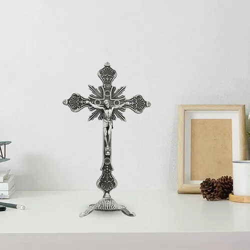 Vista 4 de Cruz de mesa de crucifijo de Jesús de metal, cruz de mesa católica con soporte para oraciones decoración del hogar, 10 pulgadas de alto, peltre