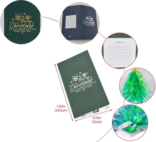 Vista 5 de Tarjeta desplegable 3D única de árbol de Navidad, tarjeta de felicitación con purpurina para árbol de Navidad, tarjeta tridimensional de cristal