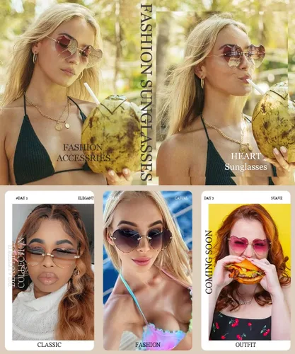 Vista 2 de Lentes de sol con forma de corazón, con marco de metal fino, sin marco, con forma de corazón, con protección UV400 para mujer