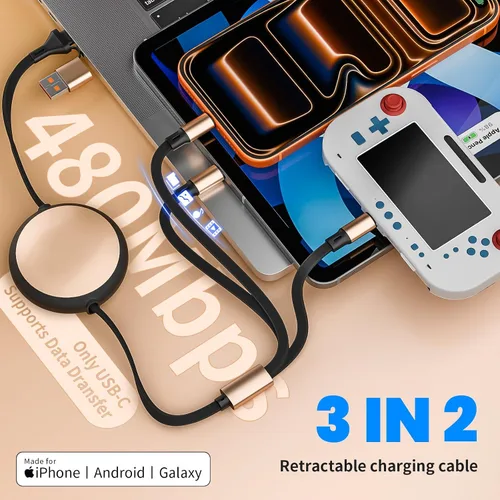 Vista 7 de Cable de carga múltiple 3 en 2, 1 paquete de cargadores retráctiles de 4 pies para todos los dispositivos, adaptador de cable de carga múltiple USBC