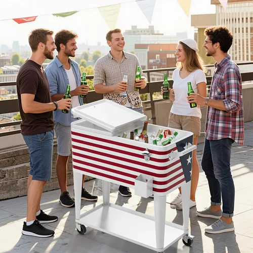 Vista 6 de Outvita Hielera Rodante de 80 Cuartos, Enfriador Portátil de Bebidas para Bar con Bandeja Colectora, Bandeja de Almacenamiento Inferior