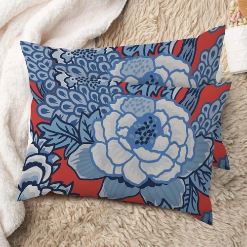 Vista 75 de Juego de 2 almohadas coloridas de estilo chinoiserie, color rosa intenso, azul real, peonía, floral, blanco, lino, estilo chinoiserie, para sofá