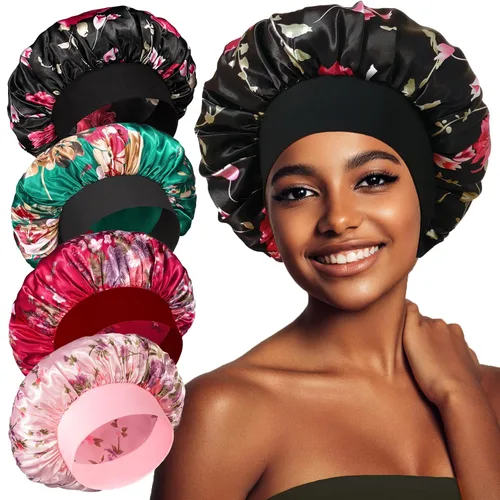 Vista 10 de vidsel 4 gorros de satén para mujer, gorro de seda para dormir, gorra de dormir de banda ancha para trenzas de cabello rizado