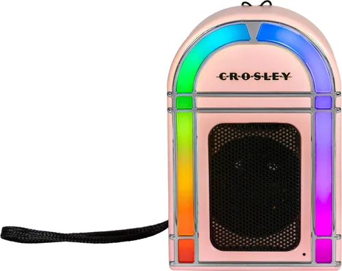Vista 17 de Crosley CR3046A-AB Mini Jukebox Altavoz Bluetooth portátil con luces LED y micrófono, azul aguamarina