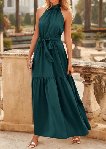Vista 2 de KIRUNDO Vestido de satén sin mangas para mujer, de cintura alta, elegante, para boda, fiesta, cóctel, formal, vestido de graduación