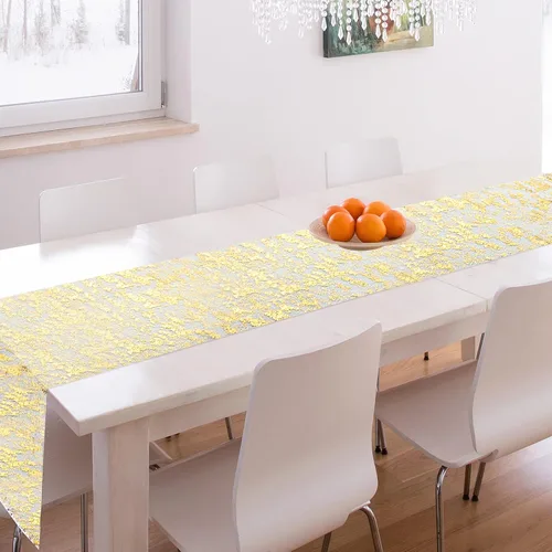 Vista 7 de Tatuo 3 piezas de camino de mesa dorado de malla fina metálica para decoración de bodas, manteles rectangulares de lentejuelas con purpurina dorada