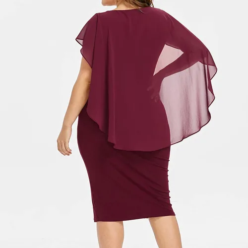Vista 2 de SERYU Vestido ajustado de gasa con volantes para mujer, talla grande, con mangas de capa, favorecedor