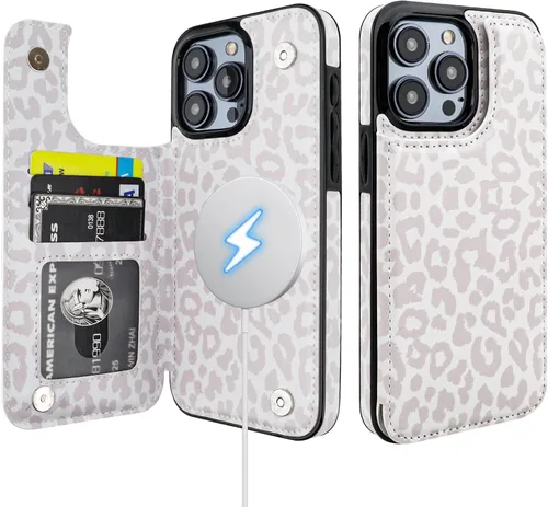 Vista 8 de HAOPINSH Funda tipo cartera para iPhone 15 Pro Max con tarjetero, diseño de leopardo negro y guepardo con tapa trasera, de piel sintética