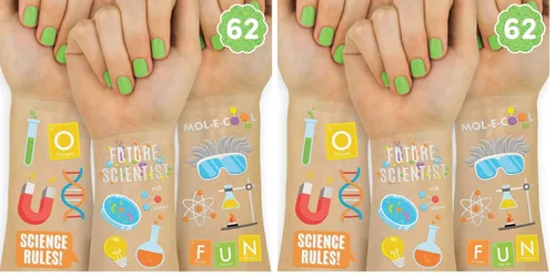 Vista 8 de xo, Fetti Science Party Tatuajes temporales – 62 estilos de lámina metálica plateada Suministros de fiesta de cumpleaños de científicos locos