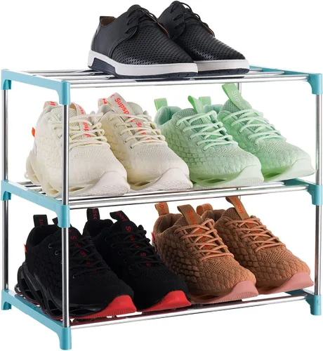 Vista 12 de Estante de zapatos pequeño apilable de 3 niveles, organizador de almacenamiento ligero para entrada, pasillo y armario (negro)