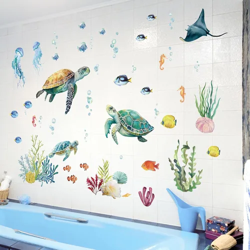 Vista 2 de decalmile Adhesivos de pared con diseño de tortugas marinas y peces