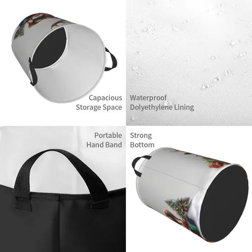 Vista 4 de Cesta circular con estampado de renos para regalo de Navidad, impermeable, cesta organizadora de lavandería, con asas, para ropa, juguetes, pequeña