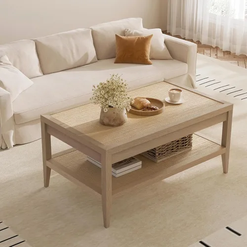 Vista 2 de SICOTAS - Mesa de café de ratán para sala de estar - Mesa central de comedor rectangular de estilo bohemio con estante de almacenamiento de ratán