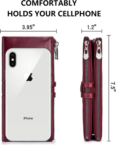 Vista 4 de ROULENS - Billetera de cuero genuino para mujer, con tarjetero, compartimiento para celular, chequera, monedero, con cremallera, cartera Rfid, L