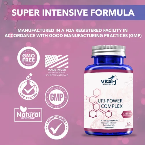 Vista 5 de Complejo Uri Power 4 en 1 1350mg - D Manosa, Arándano, Hibisco y Hierba de Diente de León - Limpia naturalmente la vejiga y el tracto urinario 60