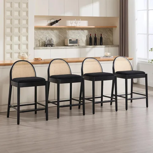 Vista 16 de HEAH-YO Taburetes de bar de ratán, juego de 2, taburetes de barra de 26 pulgadas de altura de mostrador con respaldos de ratán y patas de madera