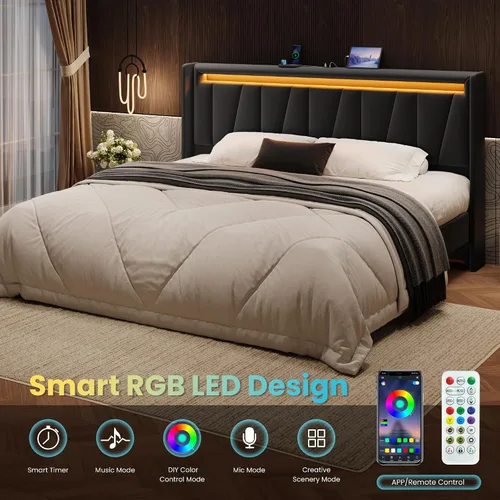 Vista 4 de SHA CERLIN - Base de cama tamaño King con estación de carga y luces LED, cama moderna de plataforma de terciopelo con cabecera tapizada geométrica