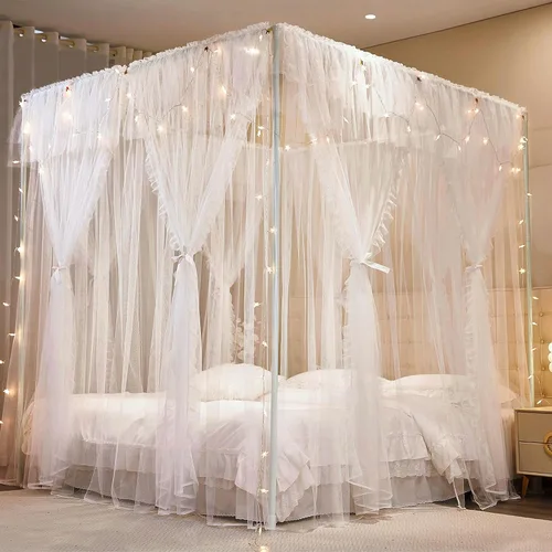 Vista 4 de AIOOO Cortinas de princesa de 4 esquinas para niñas, 8 paneles, cortinas de malla transparente de doble capa, decoración de habitación de niñas