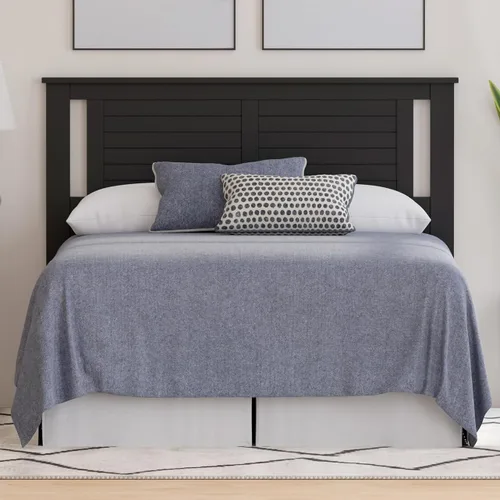 Vista 30 de ComfIQ Serene - Cabecera de madera de álamo tamaño completo en negro, panel de granja moderno con ranurado en chevron, estilo costero casual, fácil