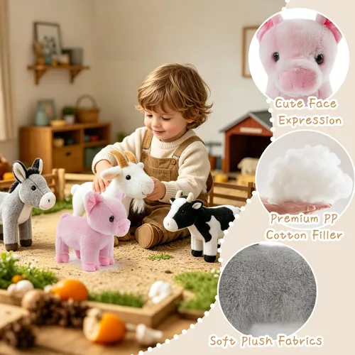 Vista 3 de Juego de 4 animales de peluche de granja de 8 pulgadas – cerdo, cabra, vaca y burro, juguetes ultrasuaves y lavables para niños, adorable decoración