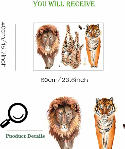 Vista 5 de Calcomanías de pared con diseño de tigre león y leopardo, calcomanías de pared extraíbles de vinilo extraíble para sala de estar, dormitorio