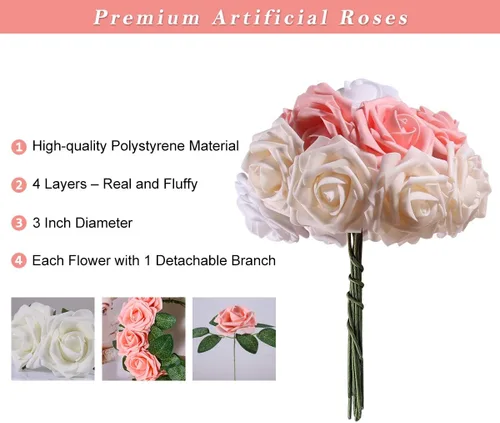 Vista 3 de Flores de rosas artificiales rosas, 56 piezas de espuma con tallo doblable y hojas extraíbles, decoración de rosas de tacto real para bodas, ramos
