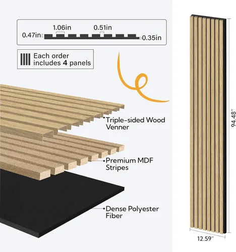 Vista 4 de Olanglab Paneles de pared de listones de madera, paquete de 4 paneles de pared acústicos de madera, 94.5"x12.6" pulgadas cada uno paneles de pared
