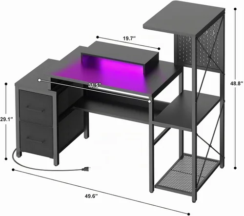 Vista 2 de Escritorio pequeño para juegos con 2 cajones de tela, escritorio reversible para computadora con toma de corriente y luces LED, escritorio