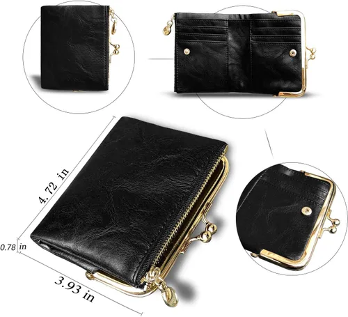 Vista 34 de AOXONEL Cartera para mujer, pequeña, Rfid, compacta, plegable, de piel, vintage, con cremallera y cierre de beso
