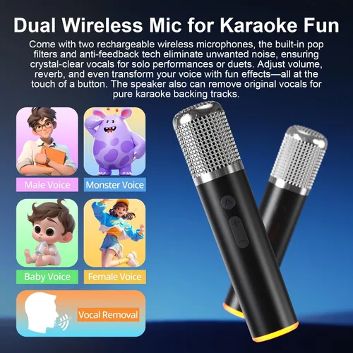 Vista 5 de Altavoz portátil de karaoke Bluetooth con 2 micrófonos inalámbricos, luces RGB, ajuste de agudos y graves, efectos de voz, entrada Negro