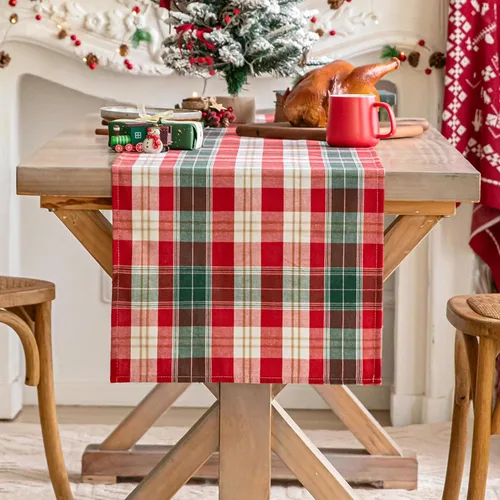 Vista 13 de Camino de mesa de Navidad a cuadros beige, caminos de mesa de vacaciones de invierno de 72 pulgadas de largo, decoraciones de Navidad para Cuadros