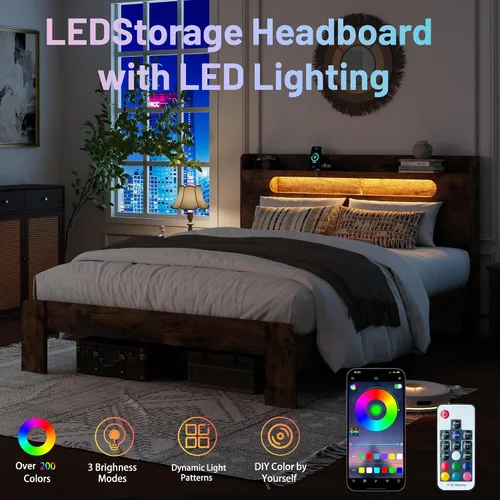 Vista 6 de Base de cama tamaño matrimonial con cabecera de almacenamiento, base de cama de plataforma con estación de carga y luces LED, listones de madera
