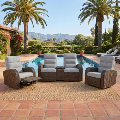Vista 33 de LayinSun Sillón reclinable giratorio de mimbre de gran tamaño con respaldo ajustable y reposapiés, sillón reclinable para patio Gris