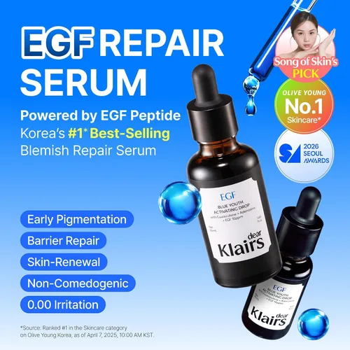 Vista 2 de DearKlairs - Suero coreano EGF – Gota activadora juvenil azul con EGF y FGF (10 ppm cada uno), reparación de barrera y marcas post-imperfección